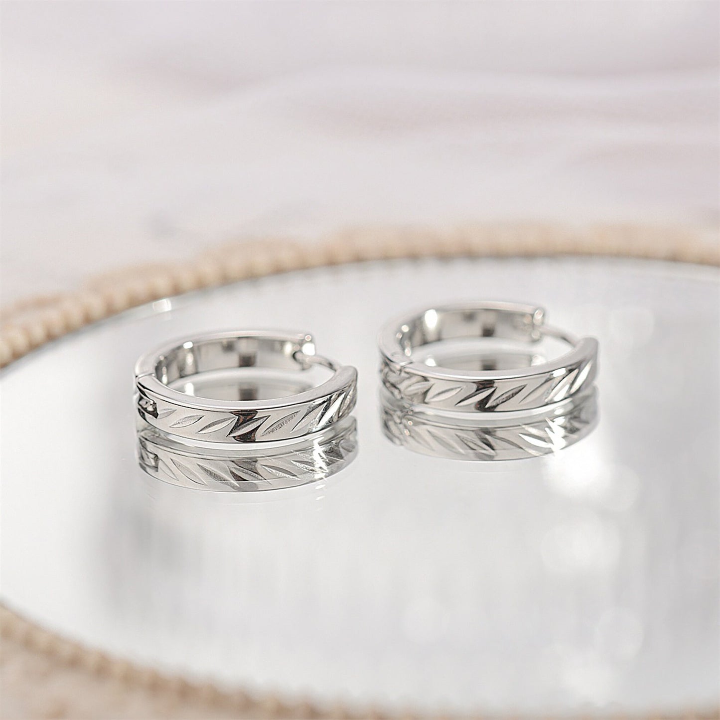 Titanium Leaf Carved Hoop Earrings, Non Tarnish Earrings, Implant Grade Titanium Waterproof Earrings, Vintage Style Earrings, Minimal