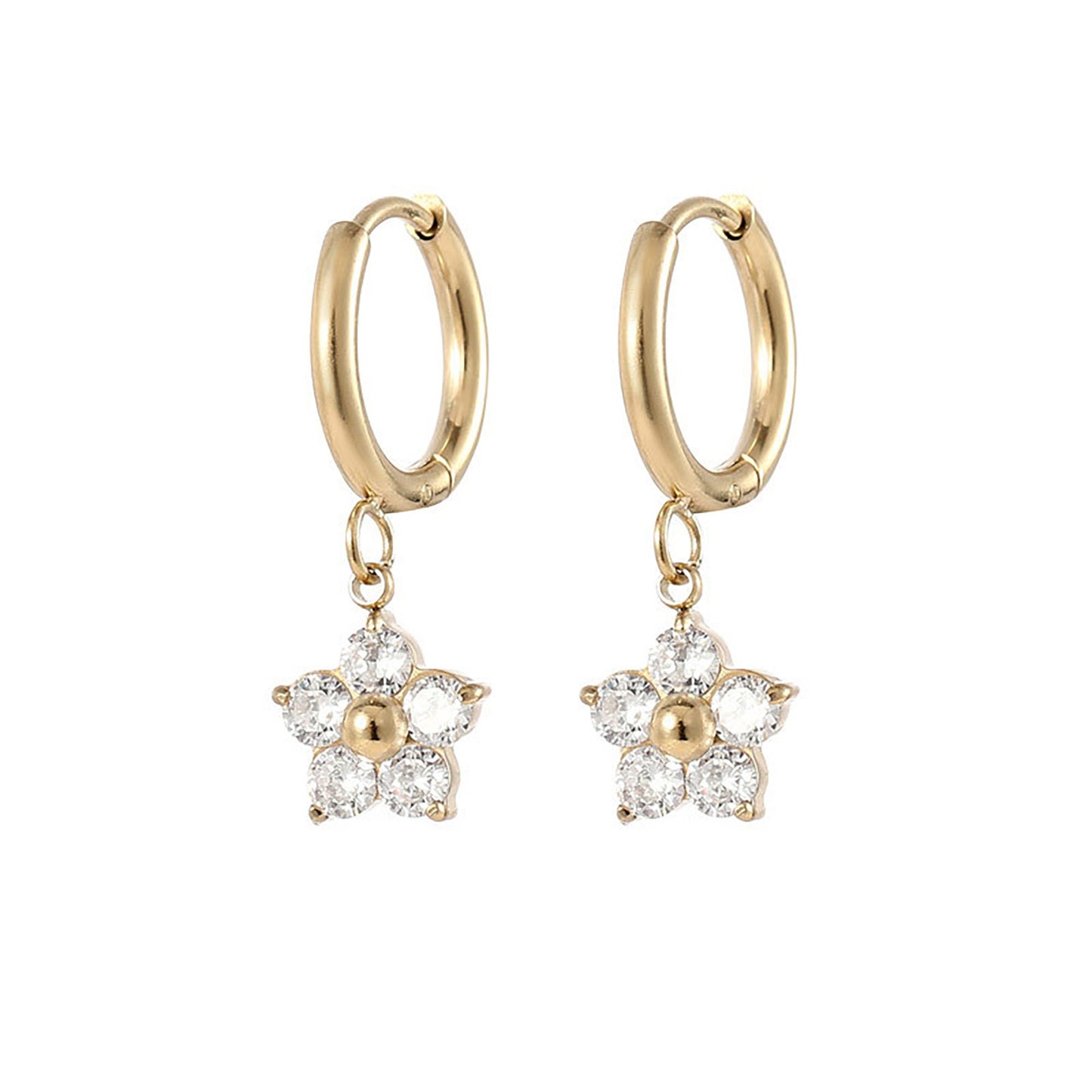 Titanium Zircon Flower Huggies Hoop Earrings, Non Tarnish, Implant Grade Titanium Waterproof Earrings, Vintage Style, Minimal