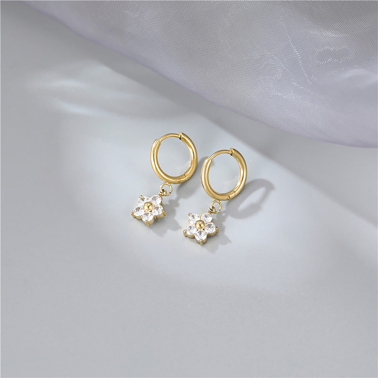 Titanium Zircon Flower Huggies Hoop Earrings, Non Tarnish, Implant Grade Titanium Waterproof Earrings, Vintage Style, Minimal