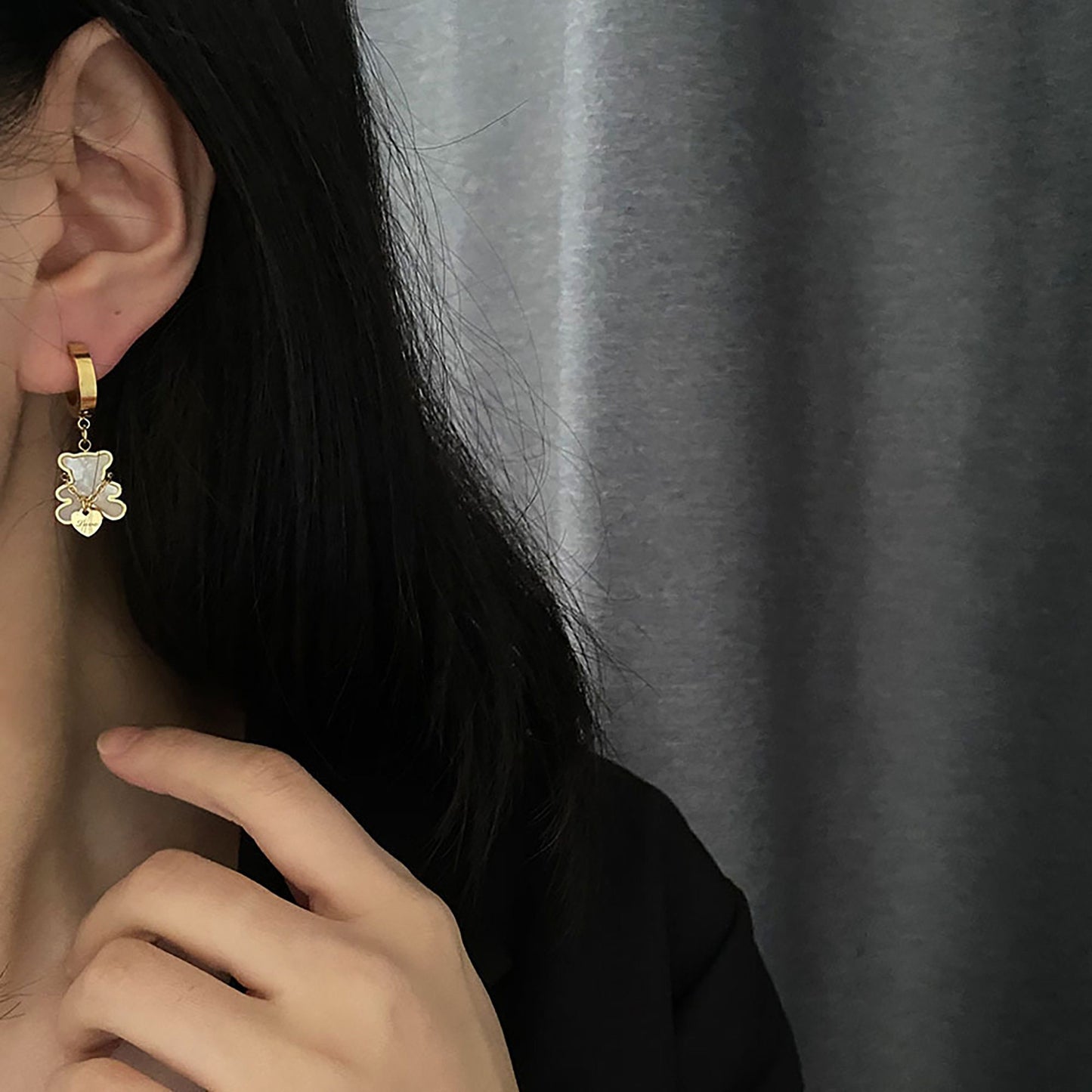 Titanium Bear Shell Inlay Hoop Earrings, Non Tarnish Earrings, Implant Grade Titanium Waterproof Earrings, Vintage Style Earrings, Minimal