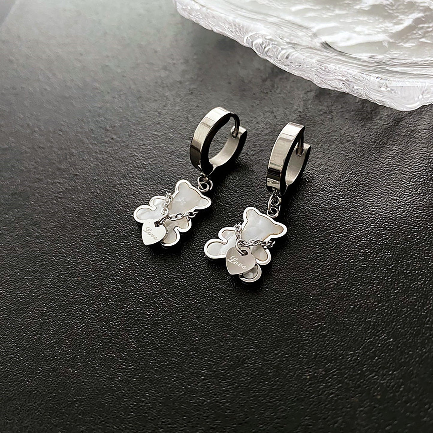 Titanium Bear Shell Inlay Hoop Earrings, Non Tarnish Earrings, Implant Grade Titanium Waterproof Earrings, Vintage Style Earrings, Minimal