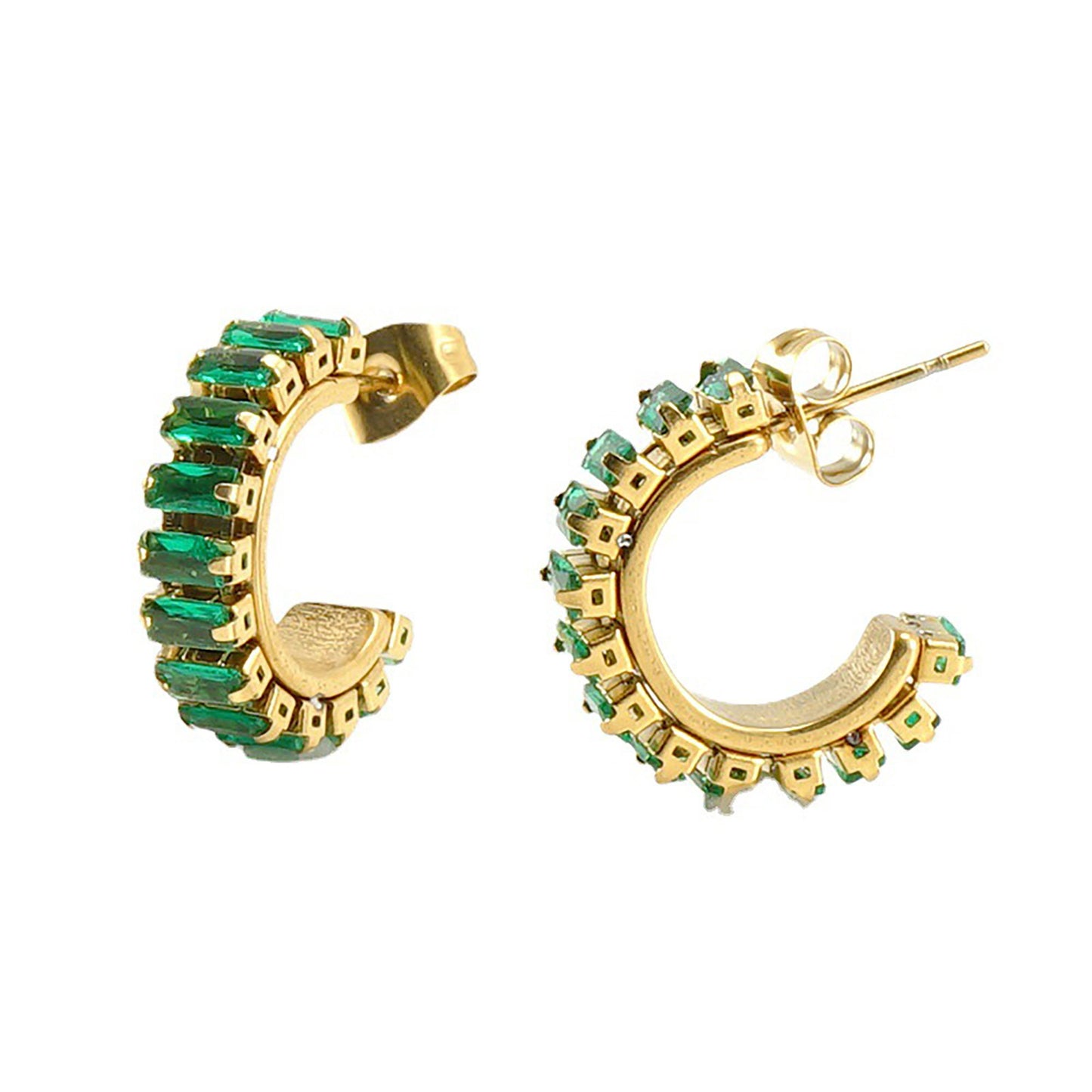 Titanium Zircon C Shape Emerald Earrings, Non Tarnish, Implant Grade Titanium Waterproof Earrings, Vintage Style Earrings, Minimalist