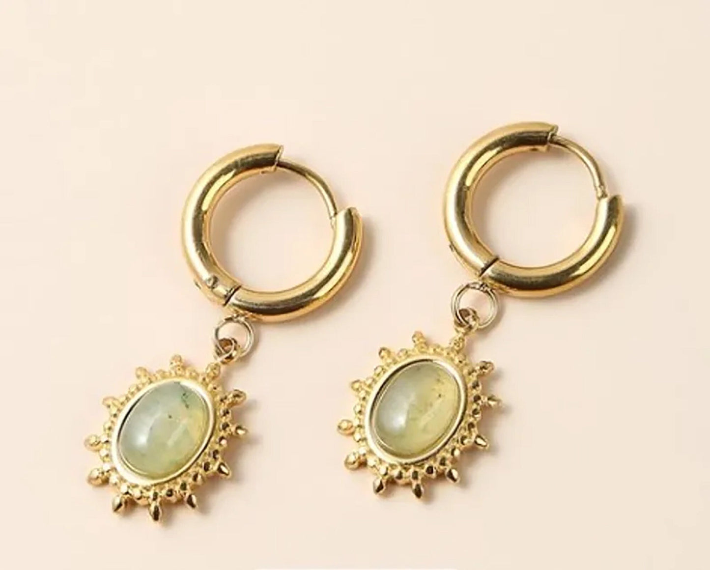 Titanium Vintage Natural Stone Huggies Hoop Earrings, Non Tarnish, Implant Grade Titanium Waterproof Earrings, Vintage Style, Minimal