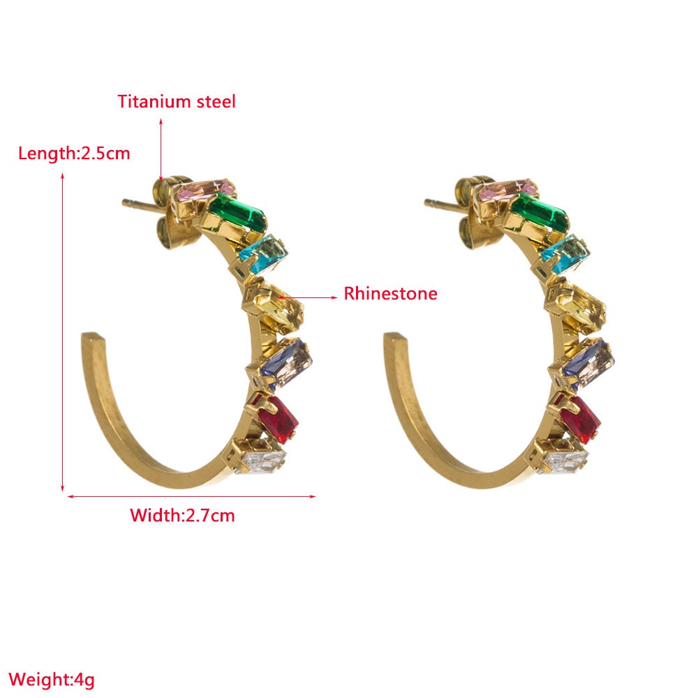 Titanium Rainbow Rhinestones C Shape Hoop Earrings, Non Tarnish Earrings, Implant Grade Titanium Waterproof Earrings, Vintage Style, Minimal