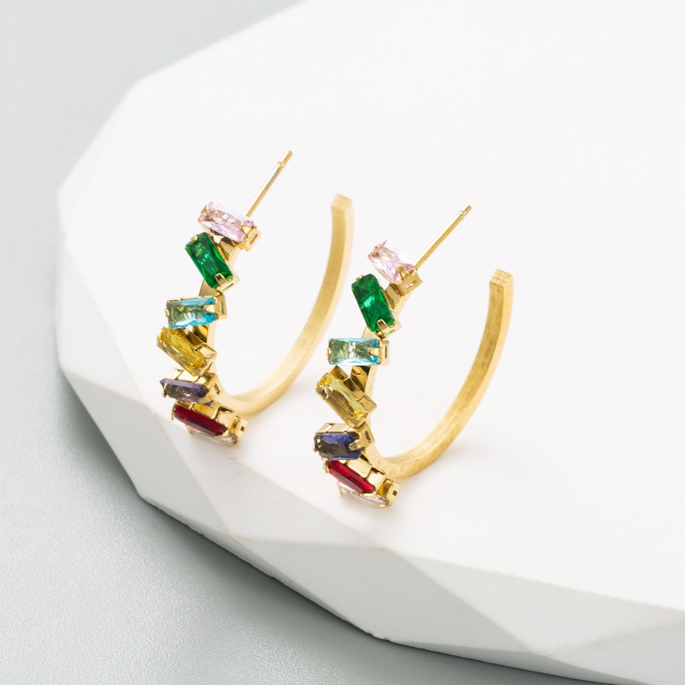 Titanium Rainbow Rhinestones C Shape Hoop Earrings, Non Tarnish Earrings, Implant Grade Titanium Waterproof Earrings, Vintage Style, Minimal