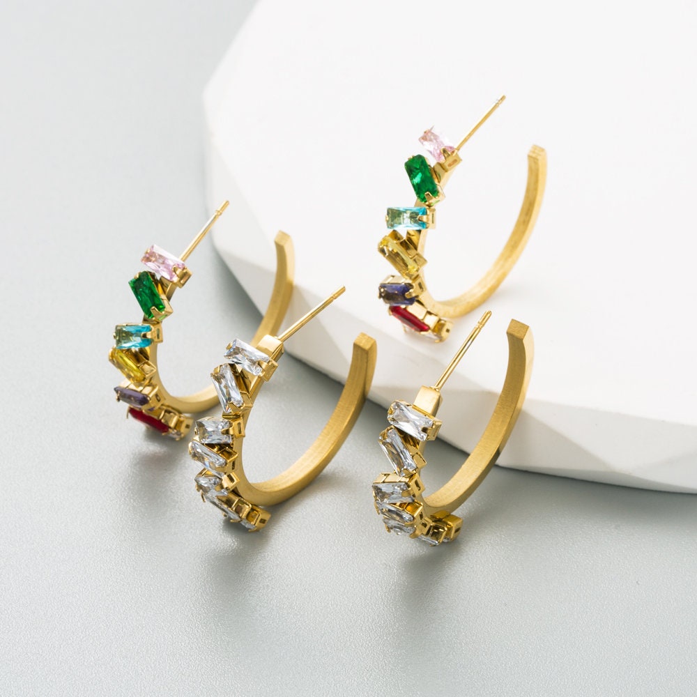 Titanium Rainbow Rhinestones C Shape Hoop Earrings, Non Tarnish Earrings, Implant Grade Titanium Waterproof Earrings, Vintage Style, Minimal