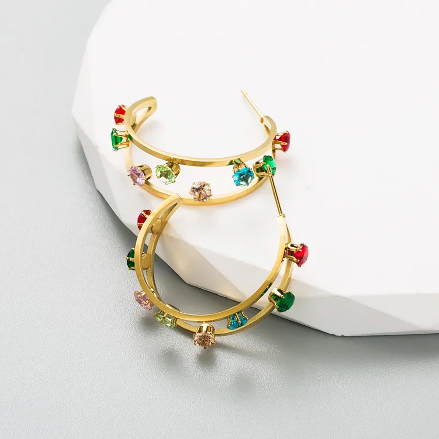 Titanium Rainbow Rhinestones Double Layered C Shape Hoop Earrings, Non Tarnish, Implant Grade Titanium Waterproof, Vintage Style, Minimal