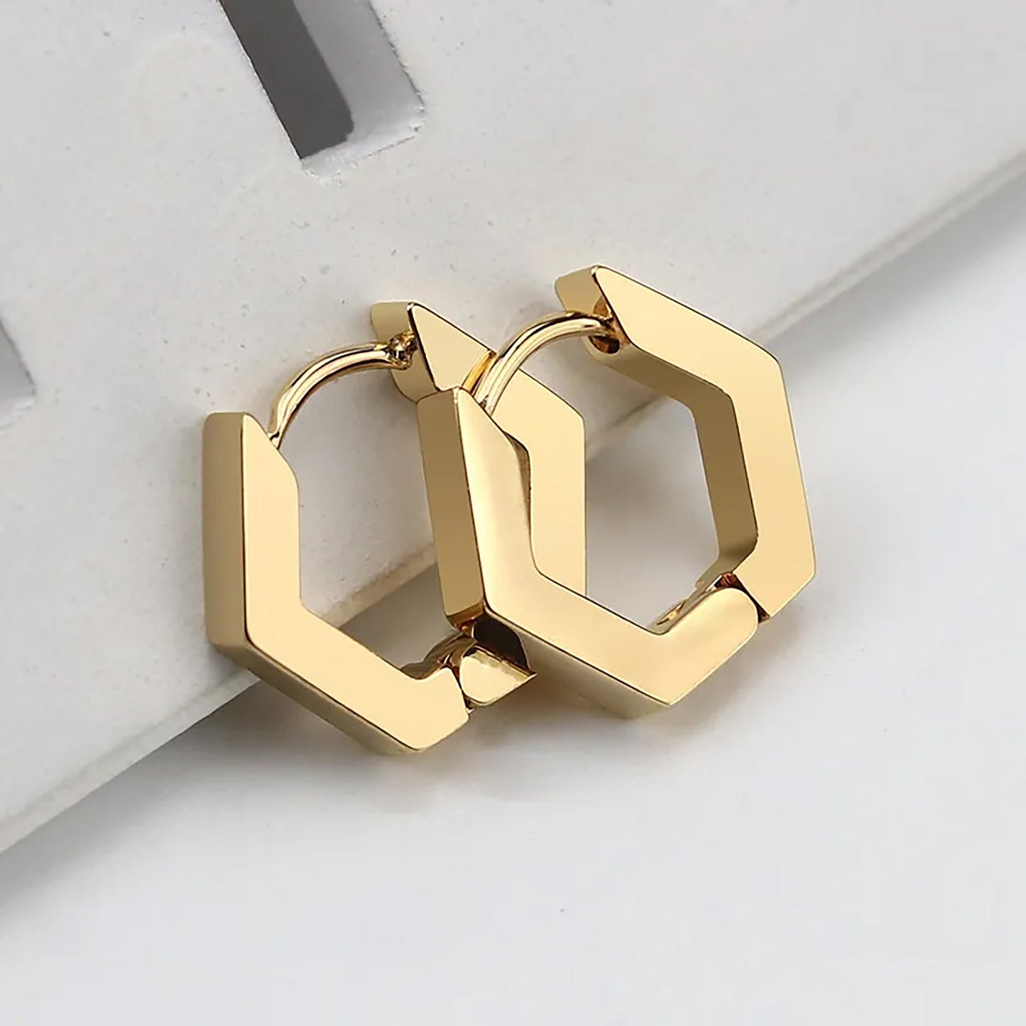 Titanium Hexagon Hoop Earrings, Gold Plated, Hypoallergenic, Implant Grade Titanium Waterproof, Vintage Style, Minimal