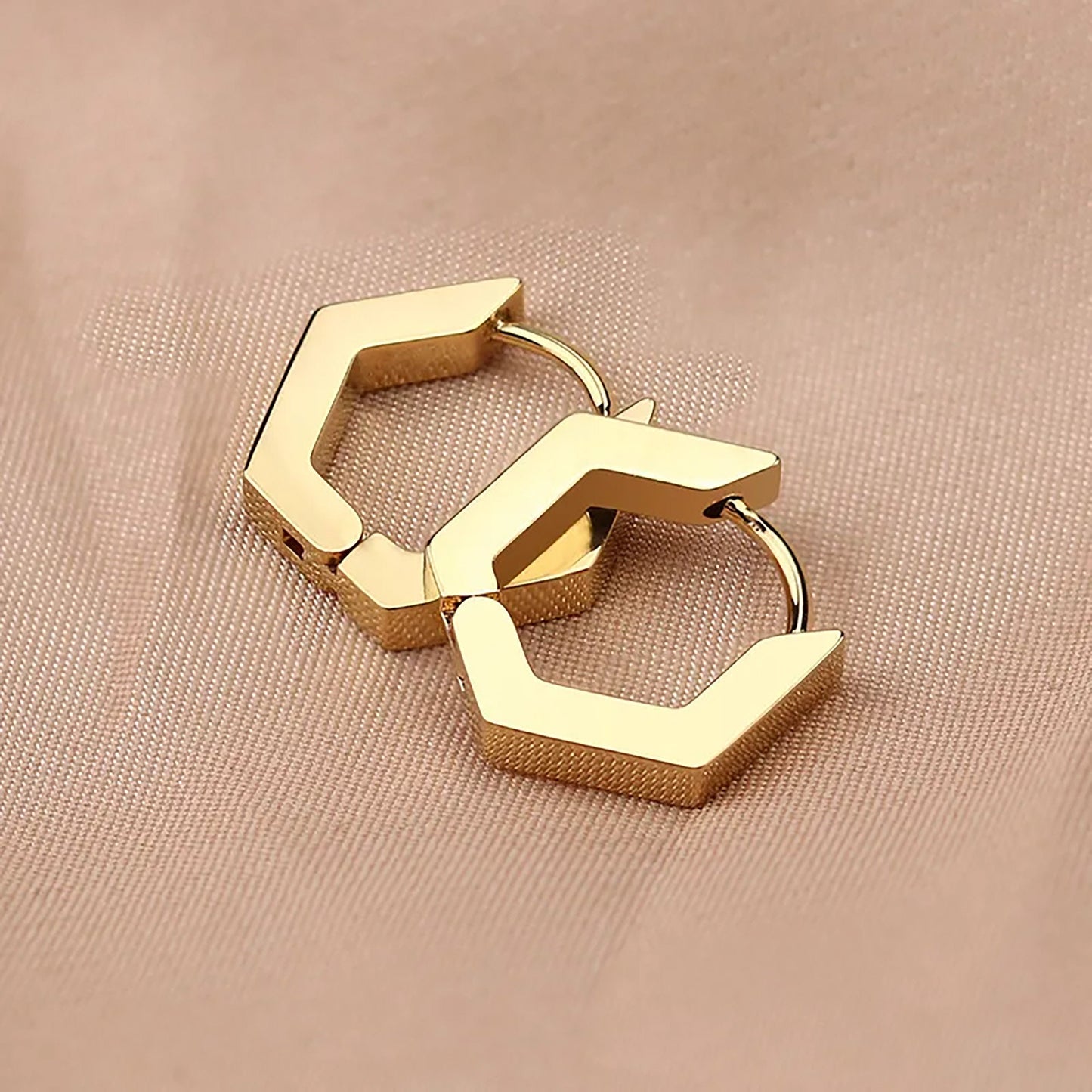 Titanium Hexagon Hoop Earrings, Gold Plated, Hypoallergenic, Implant Grade Titanium Waterproof, Vintage Style, Minimal