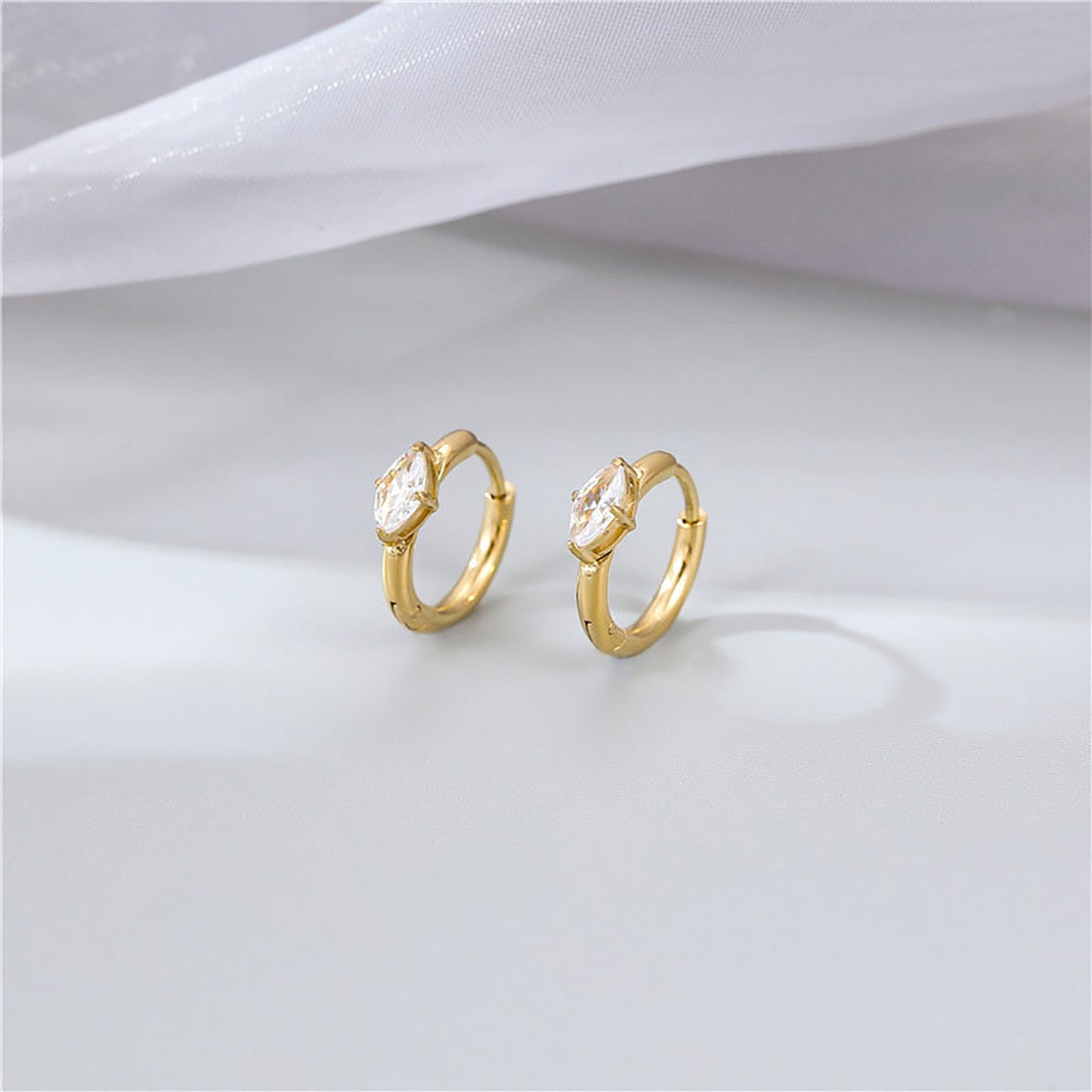 Titanium Zircon Huggies Hoop Earrings, Gold Plated, Hypoallergenic, Implant Grade Titanium Waterproof, Vintage Style, Minimal