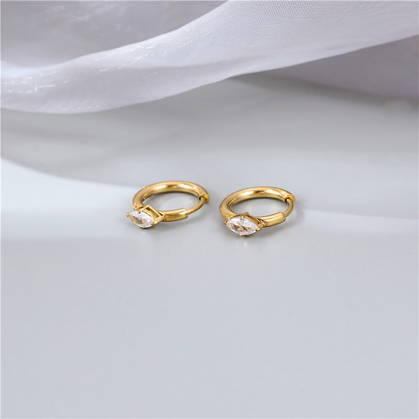 Titanium Zircon Huggies Hoop Earrings, Gold Plated, Hypoallergenic, Implant Grade Titanium Waterproof, Vintage Style, Minimal