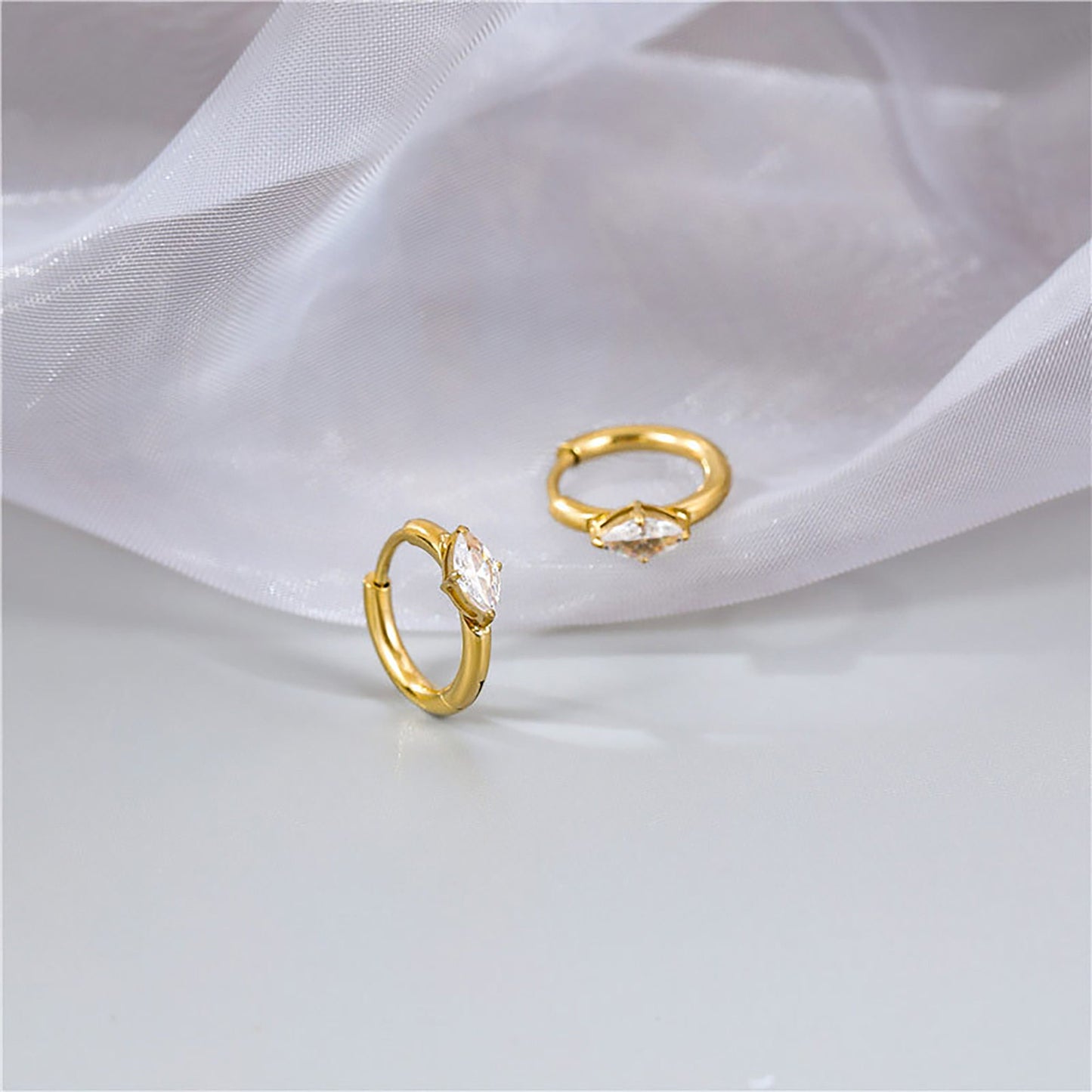 Titanium Zircon Huggies Hoop Earrings, Gold Plated, Hypoallergenic, Implant Grade Titanium Waterproof, Vintage Style, Minimal