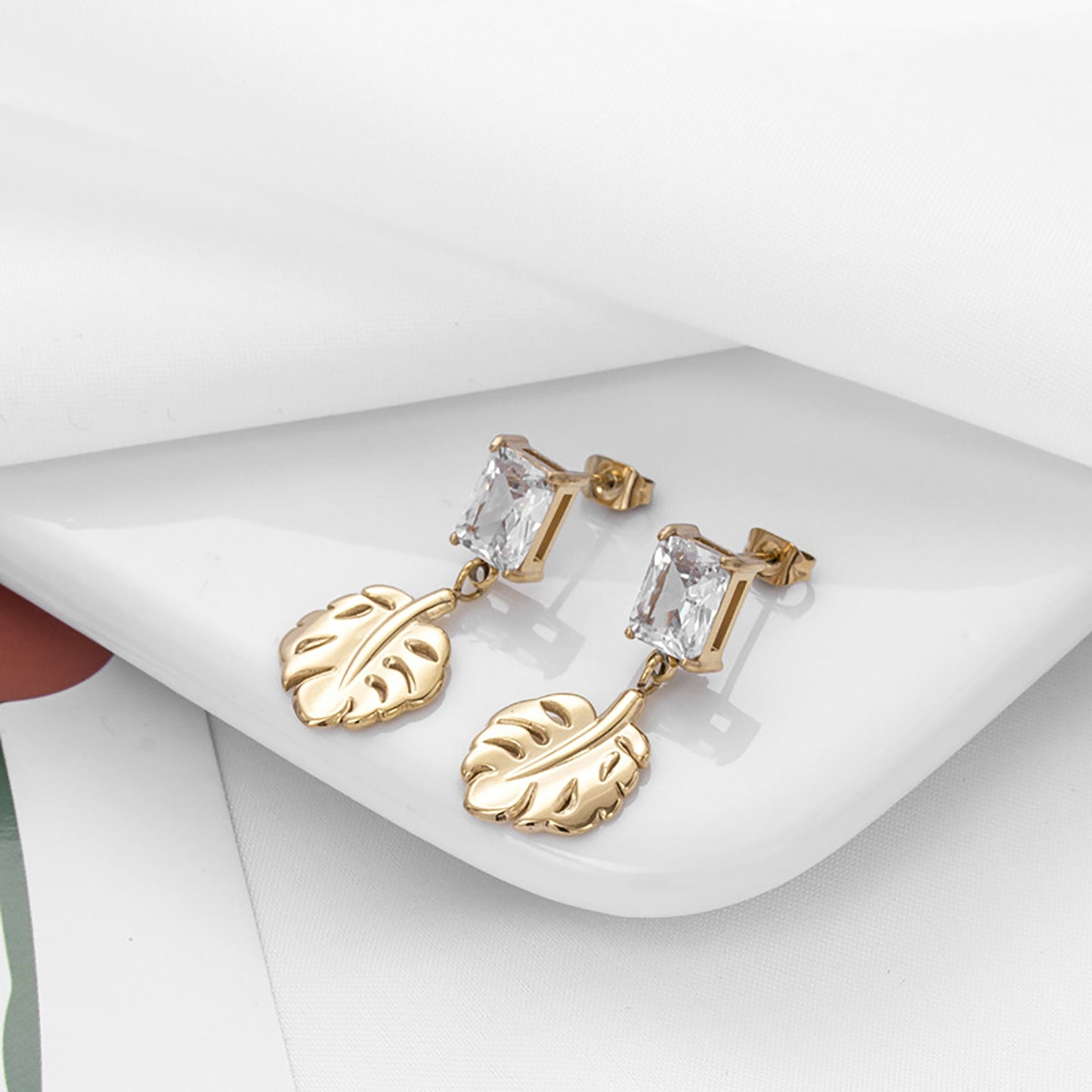Titanium Leaf Zircon Dangle Earrings, Gold Plated, Hypoallergenic, Implant Grade Titanium Waterproof, Vintage Style, Minimal
