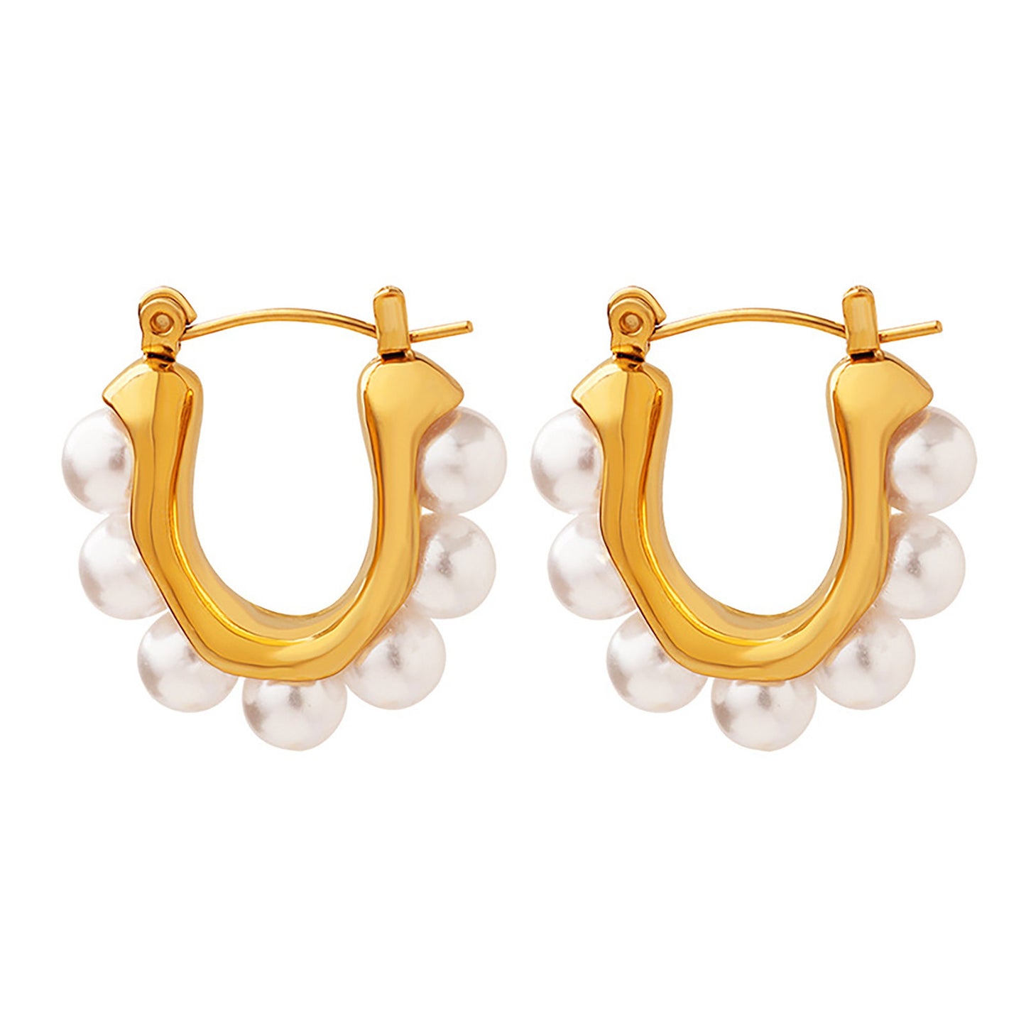Titanium Pearl U Shape Huggie Hoop Earrings, Gold Plated, Hypoallergenic, Implant Grade Titanium Waterproof, Vintage Style, Minimal