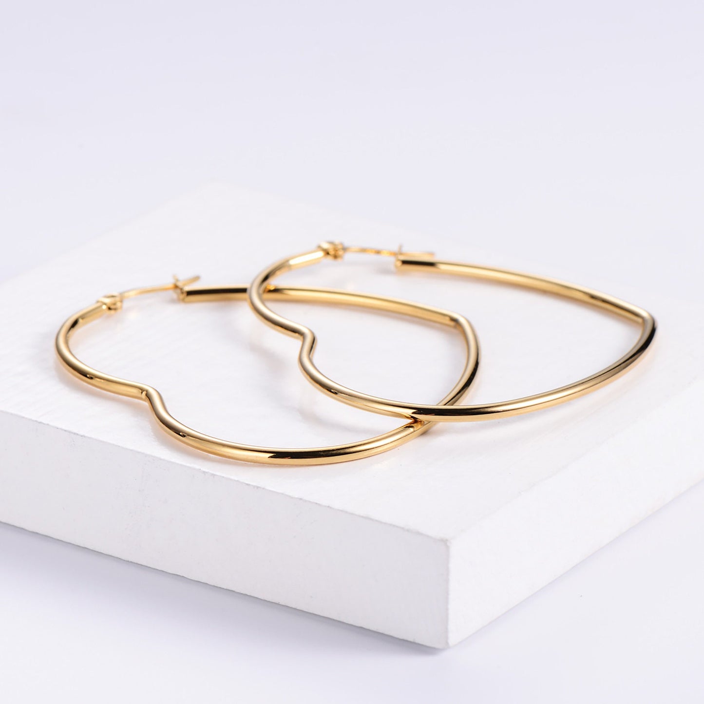 Titanium 5cm Large Heart Hoop Earrings, Gold Plated, Hypoallergenic, Implant Grade Titanium Waterproof, Vintage Style, Minimal