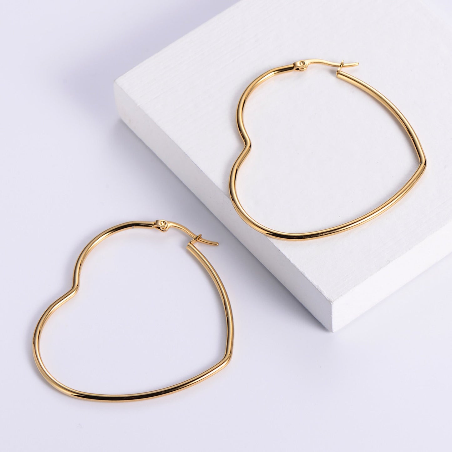 Titanium 5cm Large Heart Hoop Earrings, Gold Plated, Hypoallergenic, Implant Grade Titanium Waterproof, Vintage Style, Minimal