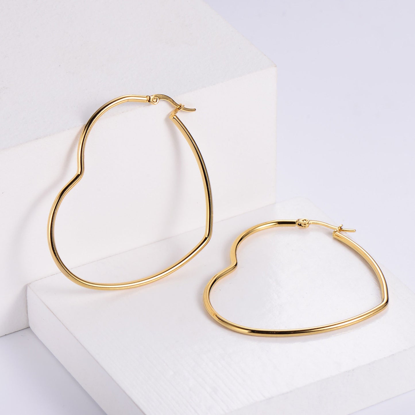 Titanium 5cm Large Heart Hoop Earrings, Gold Plated, Hypoallergenic, Implant Grade Titanium Waterproof, Vintage Style, Minimal