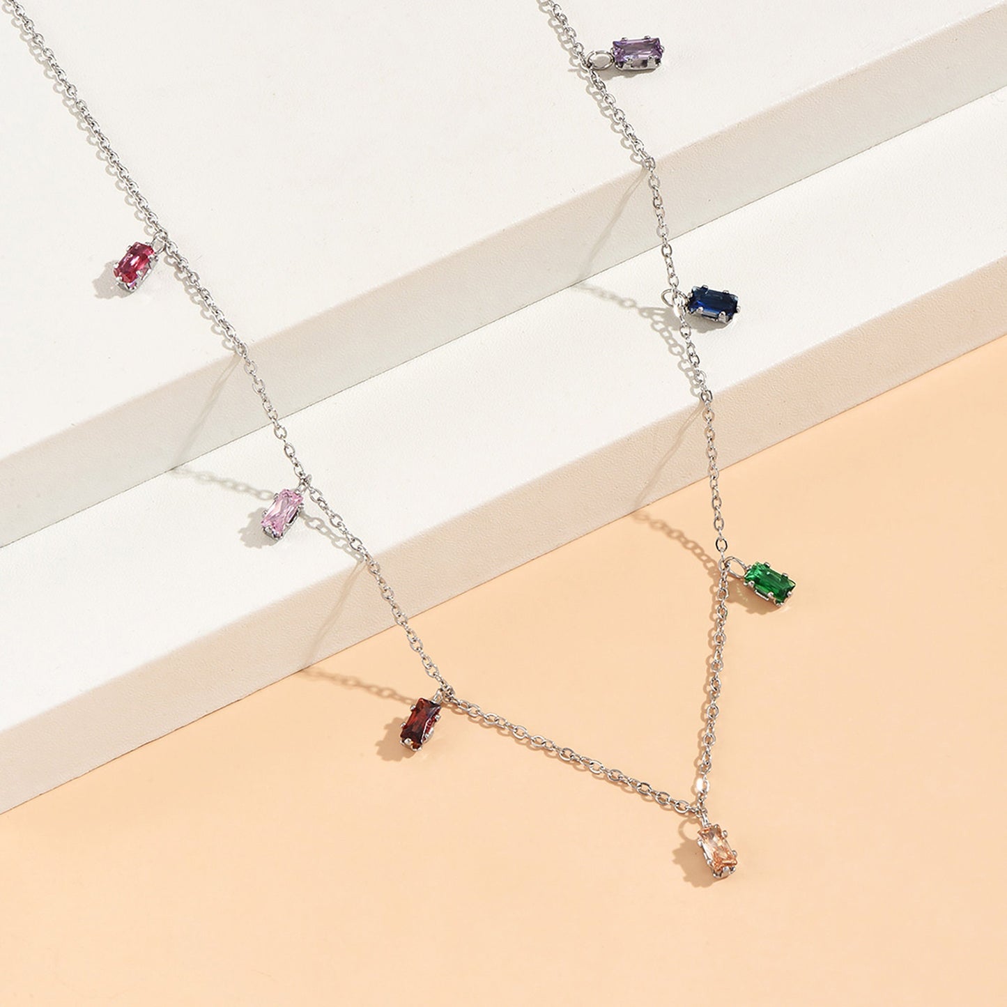 Titanium Colorful Zircon Necklace, Non Tarnish, Implant Grade Titanium Waterproof, Vintage Style, Minimal
