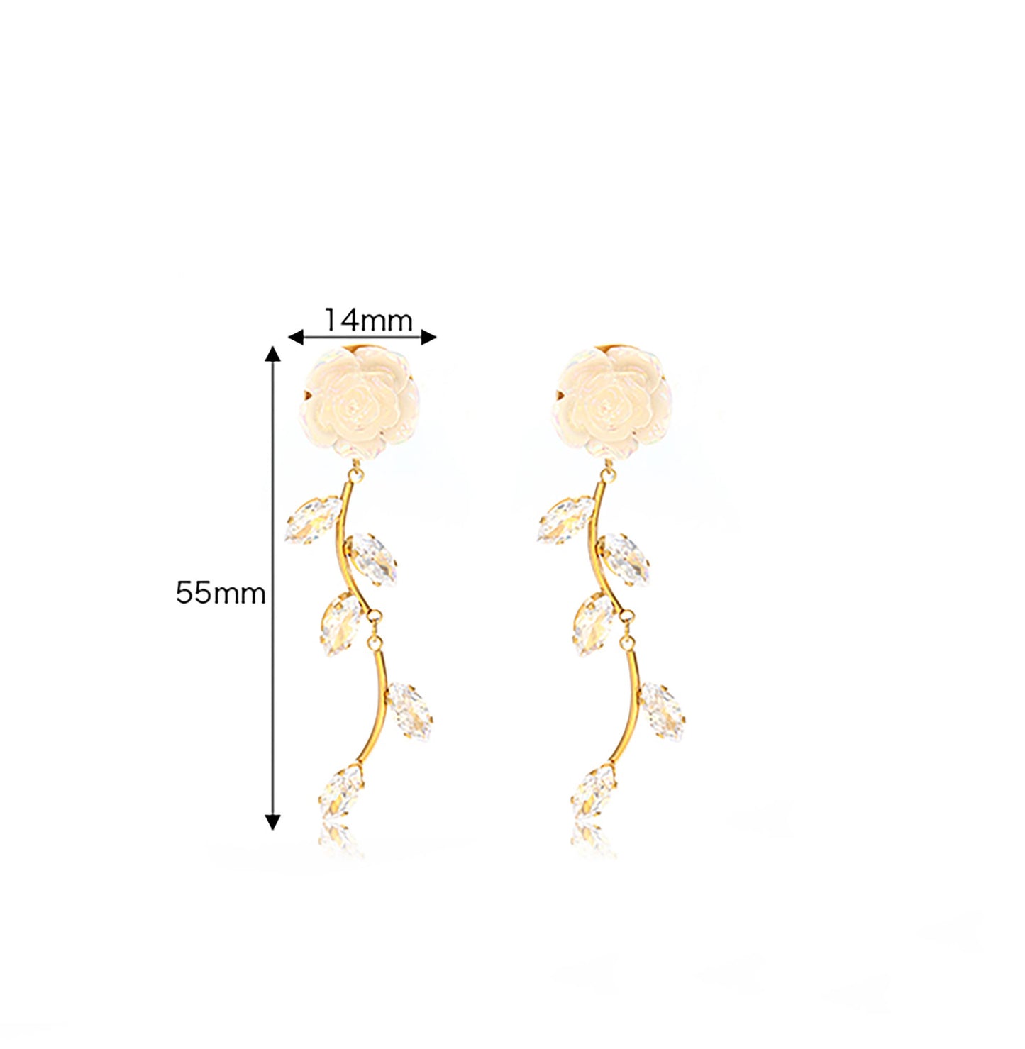 Titanium Rose Leaves Branch Zircon Dangle Earrings, Gold Plated, Hypoallergenic, Implant Grade Titanium Waterproof, Vintage Style, Minimal