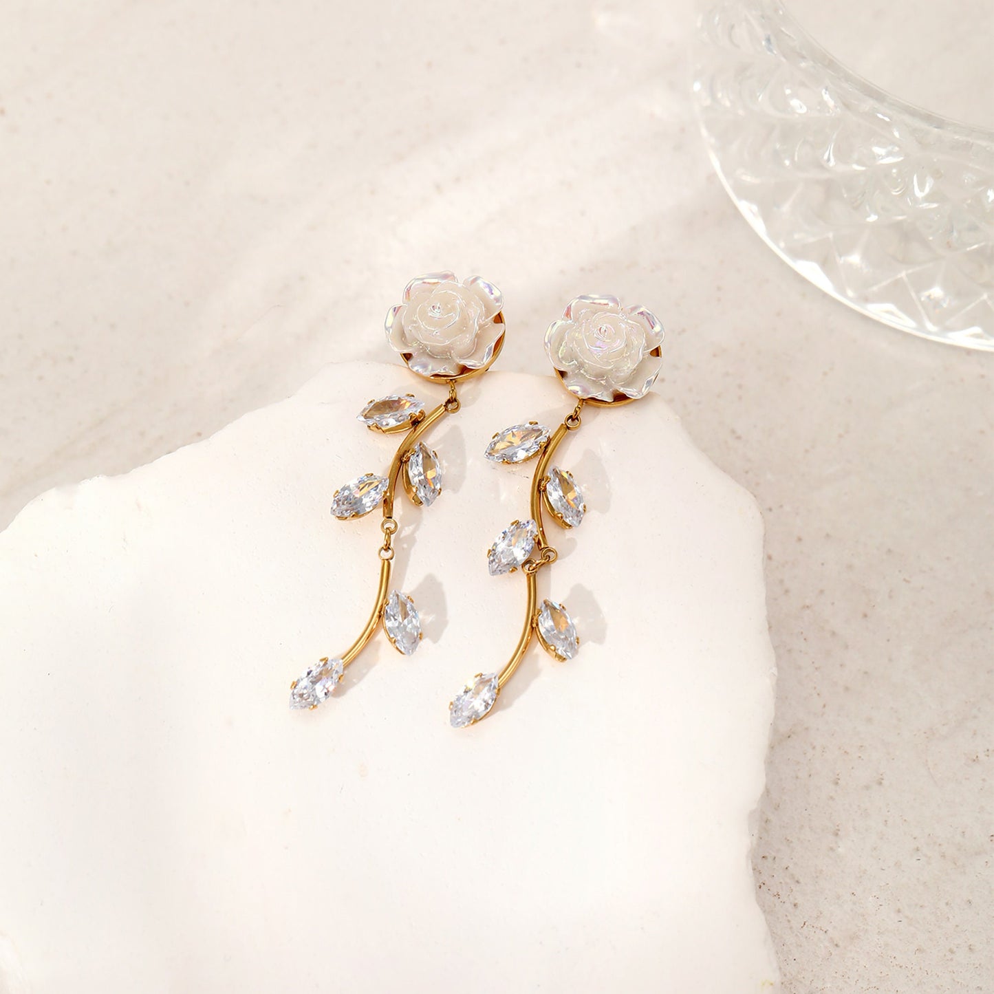 Titanium Rose Leaves Branch Zircon Dangle Earrings, Gold Plated, Hypoallergenic, Implant Grade Titanium Waterproof, Vintage Style, Minimal