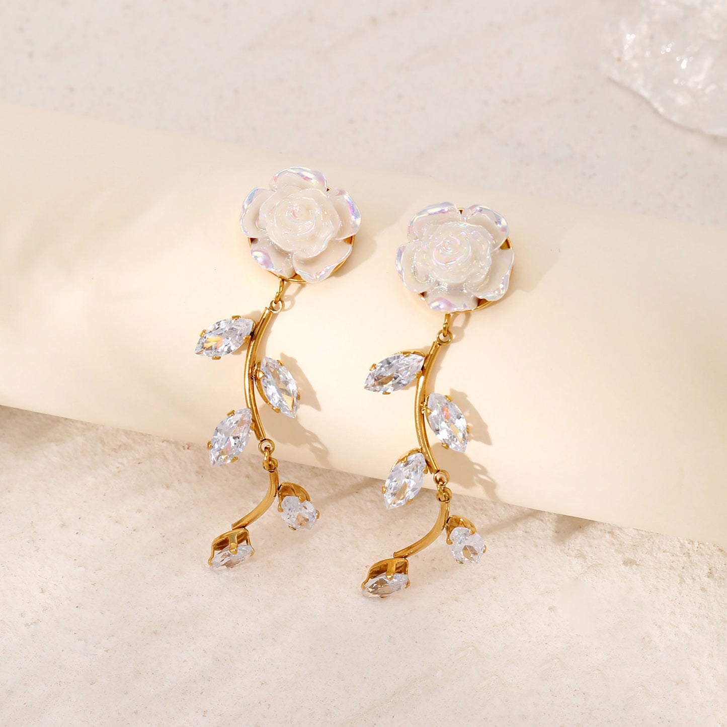Titanium Rose Leaves Branch Zircon Dangle Earrings, Gold Plated, Hypoallergenic, Implant Grade Titanium Waterproof, Vintage Style, Minimal