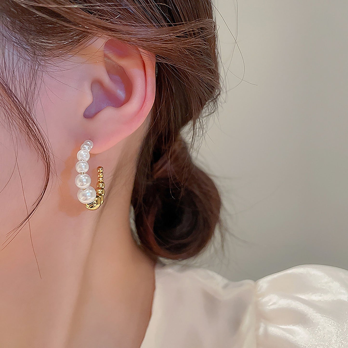 Titanium Pearl C Shape Earrings, Non Tarnish Earrings, Implant Grade Titanium Waterproof Earrings, Vintage Style, Minimal earrings