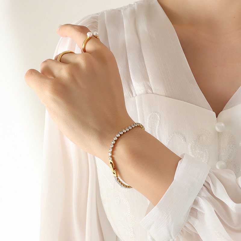 Titanium Zircon Bracelet, Non Tarnish, Implant Grade Titanium Waterproof, Vintage Style, Minimal