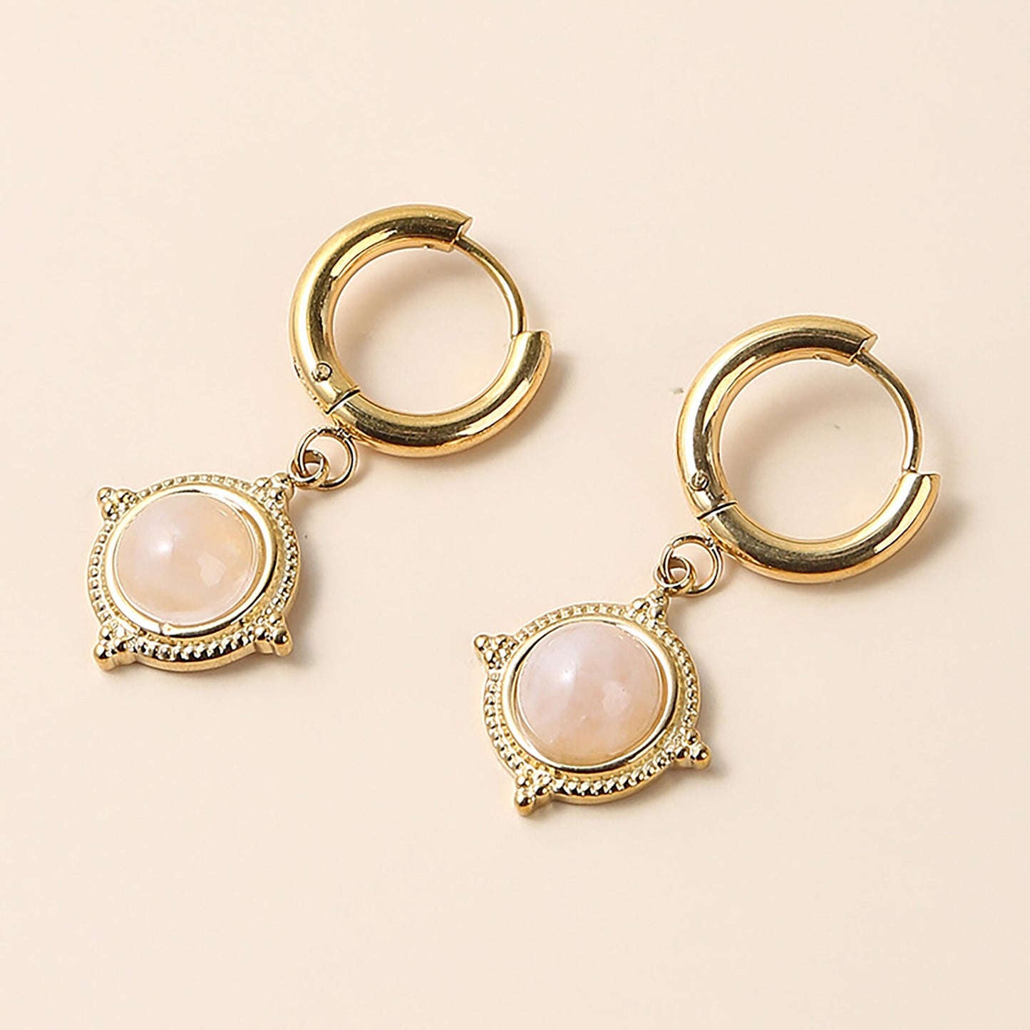 Titanium Vintage Natural Stone Huggies Hoop Earrings, Non Tarnish, Implant Grade Titanium Waterproof Earrings, Vintage Style, Minimal