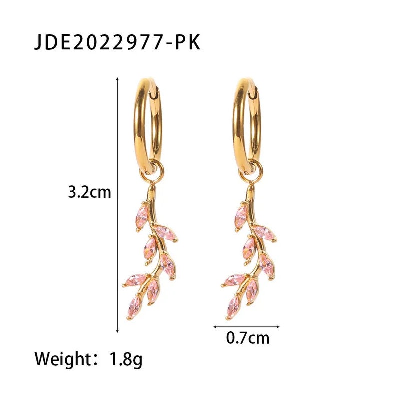 Titanium Pink Leaves Branch Zircon Hoop Earrings, Gold Plated, Hypoallergenic, Implant Grade Titanium Waterproof, Vintage Style, Minimal