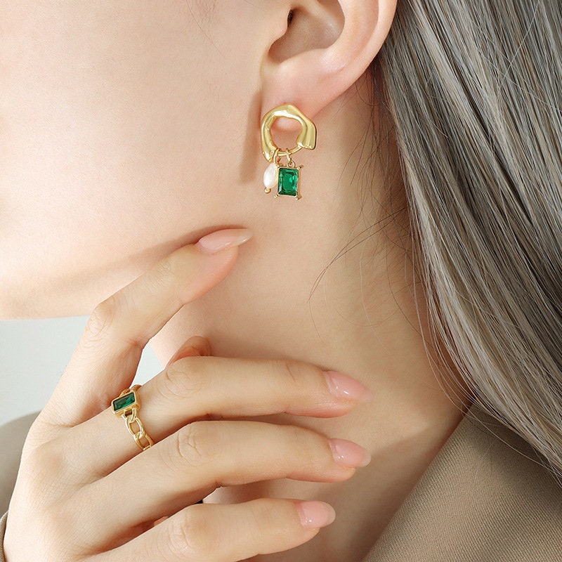 Titanium Pearl Emerald 18K Gold Drop Earrings, Gold Plated, Hypoallergenic, Implant Grade Titanium Waterproof, Vintage Style, Minimal