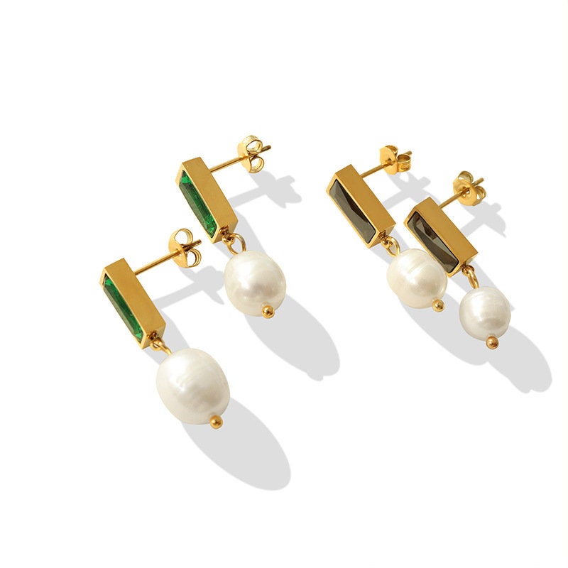 Titanium Real Pearl Square Emerald Drop Earrings, Gold Plated, Hypoallergenic, Implant Grade Titanium Waterproof, Vintage Style, Minimal