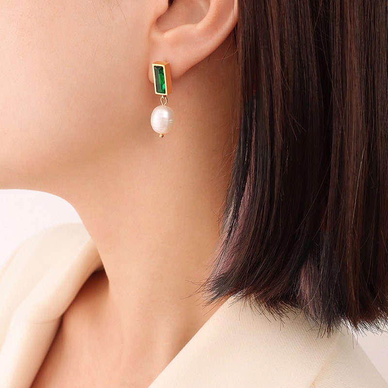 Titanium Real Pearl Square Emerald Drop Earrings, Gold Plated, Hypoallergenic, Implant Grade Titanium Waterproof, Vintage Style, Minimal