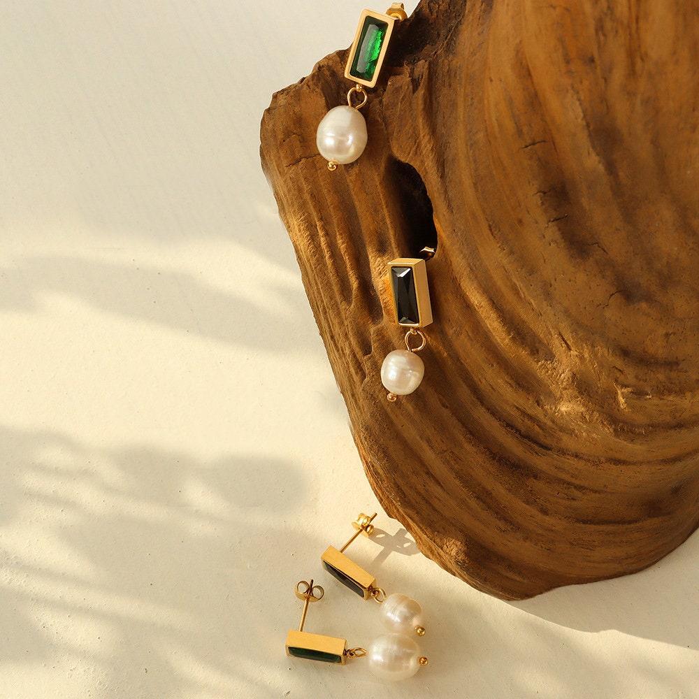 Titanium Real Pearl Square Emerald Drop Earrings, Gold Plated, Hypoallergenic, Implant Grade Titanium Waterproof, Vintage Style, Minimal