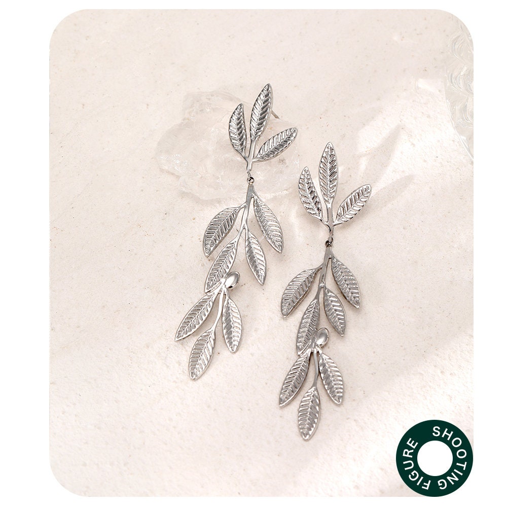 Titanium 7cm Large Leaves Dangle Earrings, Gold Plated, Hypoallergenic, Implant Grade Titanium Waterproof, Vintage Style, Minimal