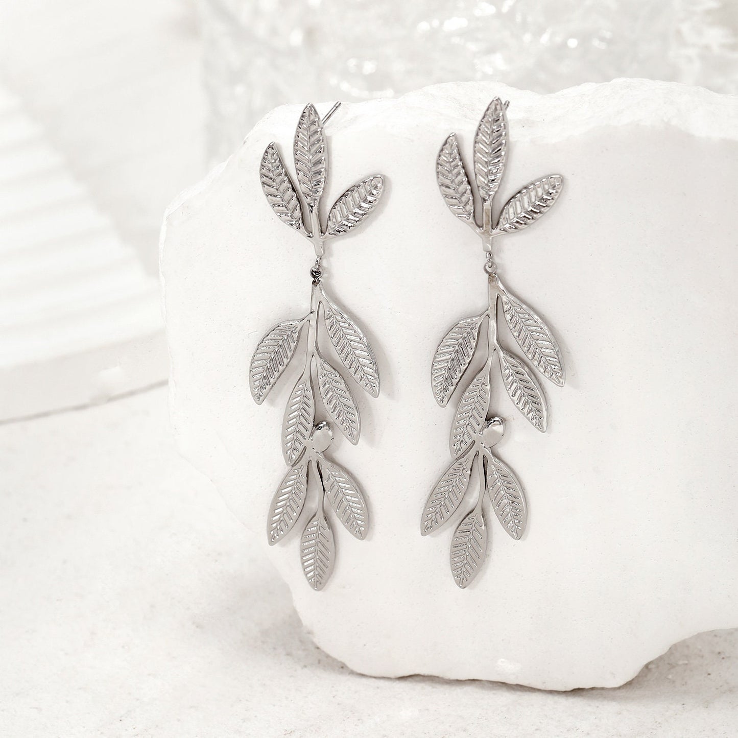 Titanium 7cm Large Leaves Dangle Earrings, Gold Plated, Hypoallergenic, Implant Grade Titanium Waterproof, Vintage Style, Minimal