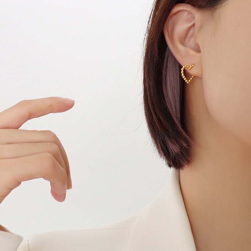 Titanium Heart 18K Gold Plated Huggies Hoop Earrings, Non Tarnish Earrings, Implant Grade Titanium Waterproof, Vintage Style, Minimal