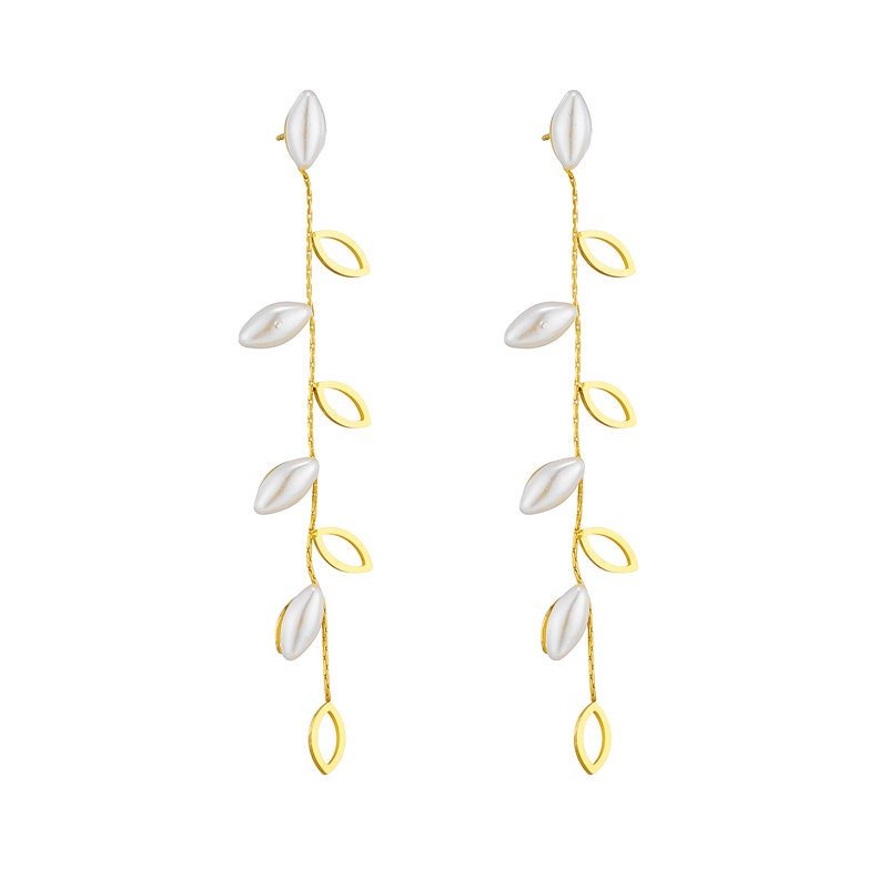 Titanium Leaves Pearl 18K Gold Plated Huggies Hoop Earrings, Non Tarnish Earrings, Implant Grade Titanium Waterproof, Vintage Style, Minimal