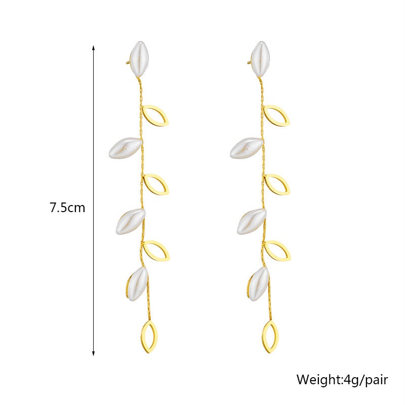 Titanium Leaves Pearl 18K Gold Plated Huggies Hoop Earrings, Non Tarnish Earrings, Implant Grade Titanium Waterproof, Vintage Style, Minimal