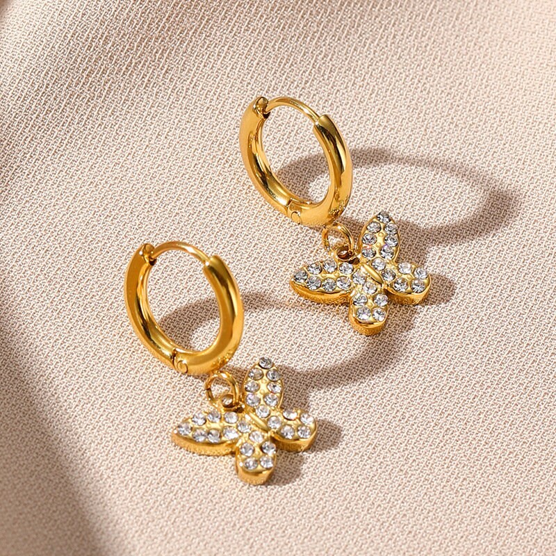Titanium Zircon Butterfly 18K Gold Plated Huggies Hoop Earrings, Non Tarnish Earrings, Implant Grade Titanium, Vintage Style, Minimal