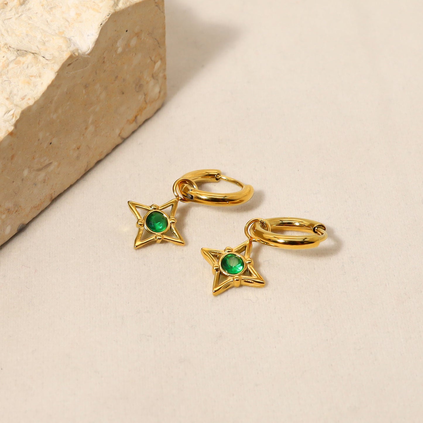 Titanium Green Zircon Star 18K Gold Plated Huggies Hoop Earrings, Non Tarnish Earrings, Implant Grade Titanium, Vintage Style, Minimal