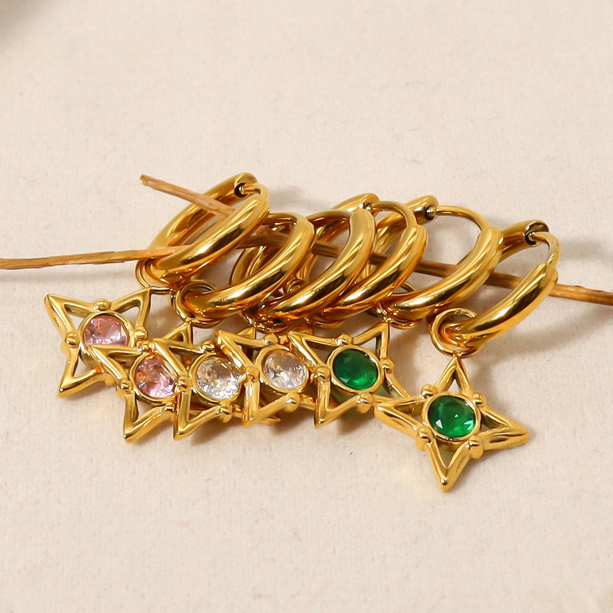 Titanium Green Zircon Star 18K Gold Plated Huggies Hoop Earrings, Non Tarnish Earrings, Implant Grade Titanium, Vintage Style, Minimal