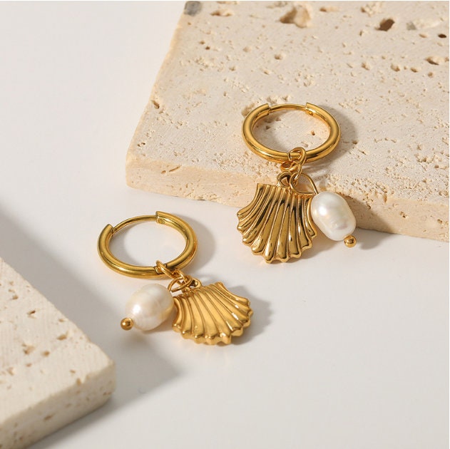 Titanium Pearl Shell 18K Gold Plated Huggies Hoop Earrings, Non Tarnish Earrings, Implant Grade Titanium, Vintage Style, Minimal