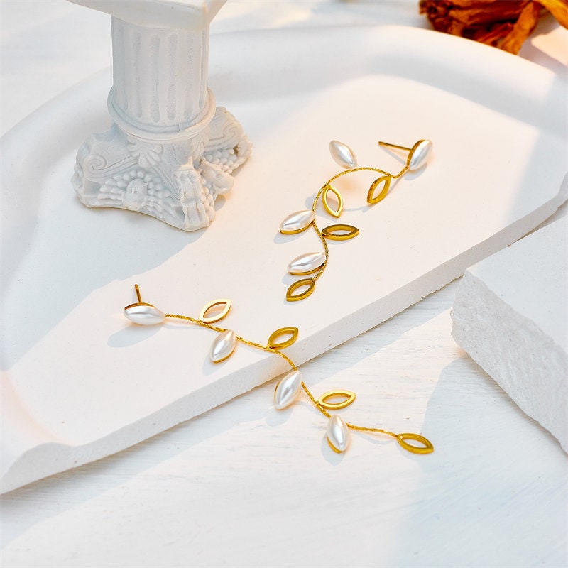 Titanium Leaves Pearl 18K Gold Plated Huggies Hoop Earrings, Non Tarnish Earrings, Implant Grade Titanium Waterproof, Vintage Style, Minimal