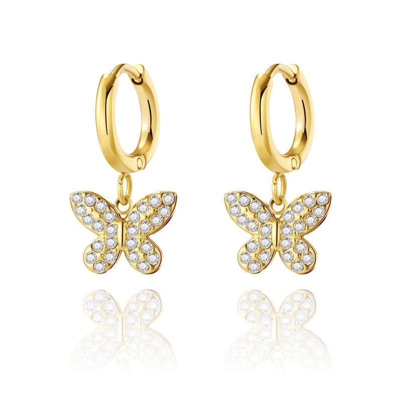 Titanium Zircon Butterfly 18K Gold Plated Huggies Hoop Earrings, Non Tarnish Earrings, Implant Grade Titanium, Vintage Style, Minimal