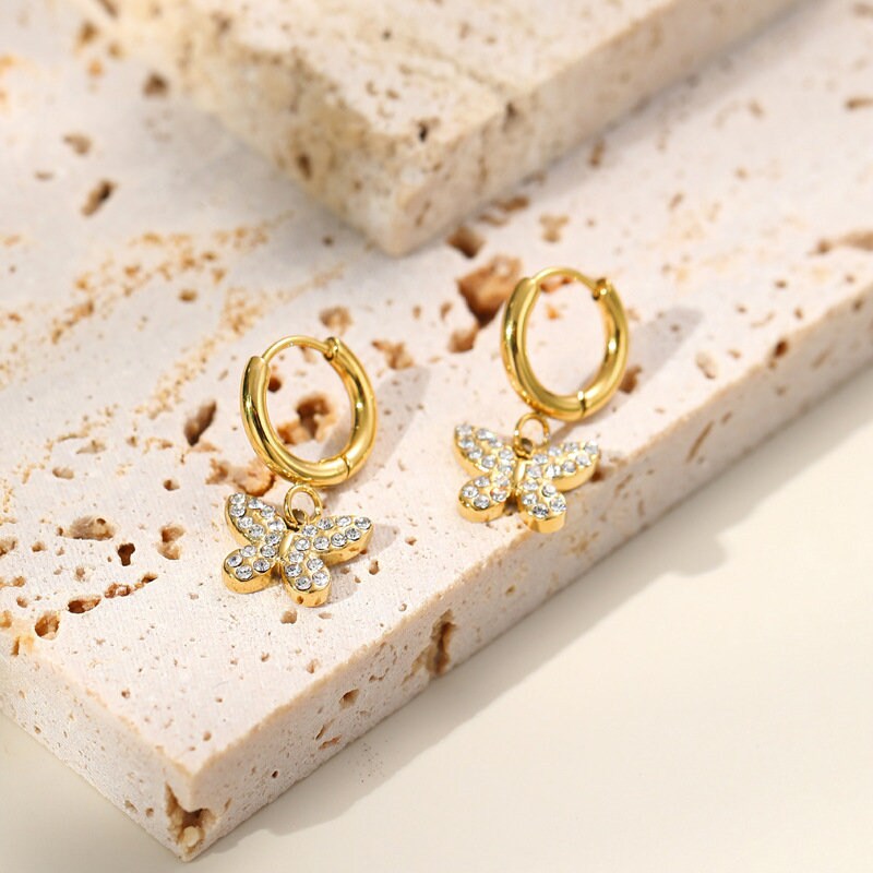 Titanium Zircon Butterfly 18K Gold Plated Huggies Hoop Earrings, Non Tarnish Earrings, Implant Grade Titanium, Vintage Style, Minimal