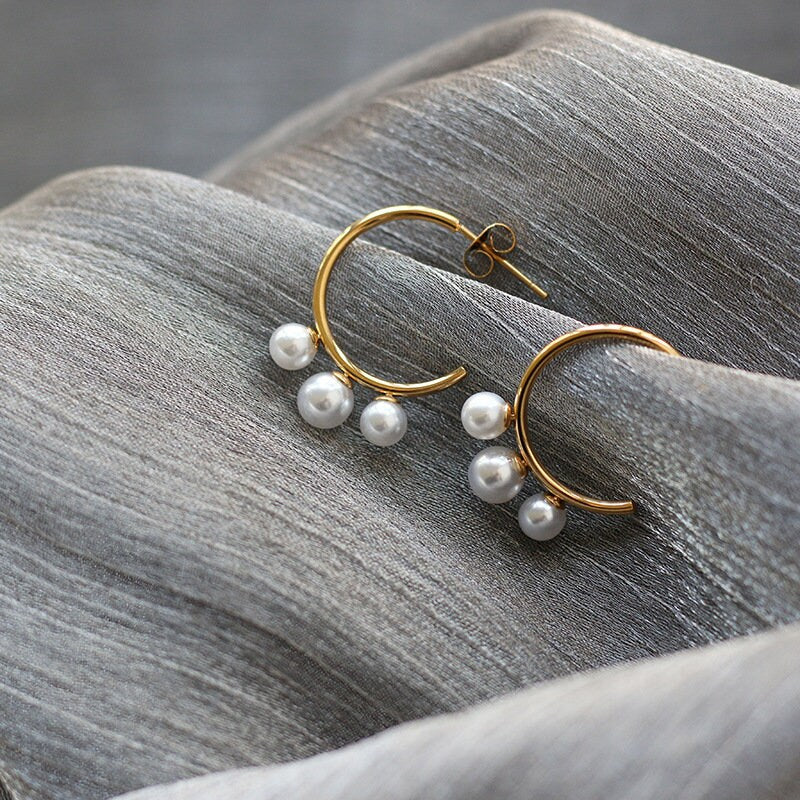 Titanium Pearl C Shape Hoop Earrings, Non Tarnish Earrings, Implant Grade Titanium Waterproof Earrings, Vintage Style, Minimal