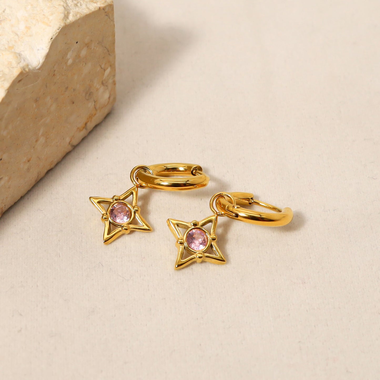 Titanium Zircon Stars 18K Gold Plated Huggies Hoop Earrings, Non Tarnish Earrings, Implant Grade Titanium, Vintage Style, Minimal