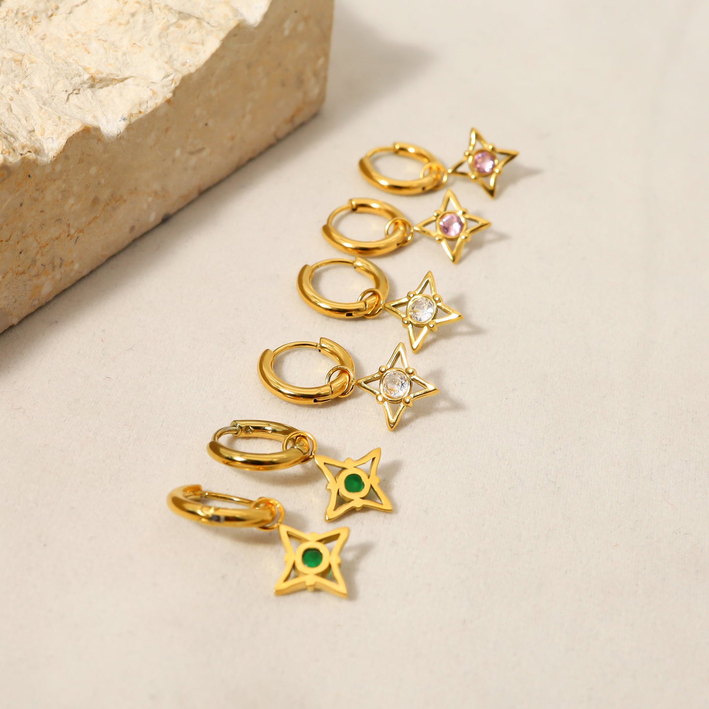 Titanium Green Zircon Star 18K Gold Plated Huggies Hoop Earrings, Non Tarnish Earrings, Implant Grade Titanium, Vintage Style, Minimal