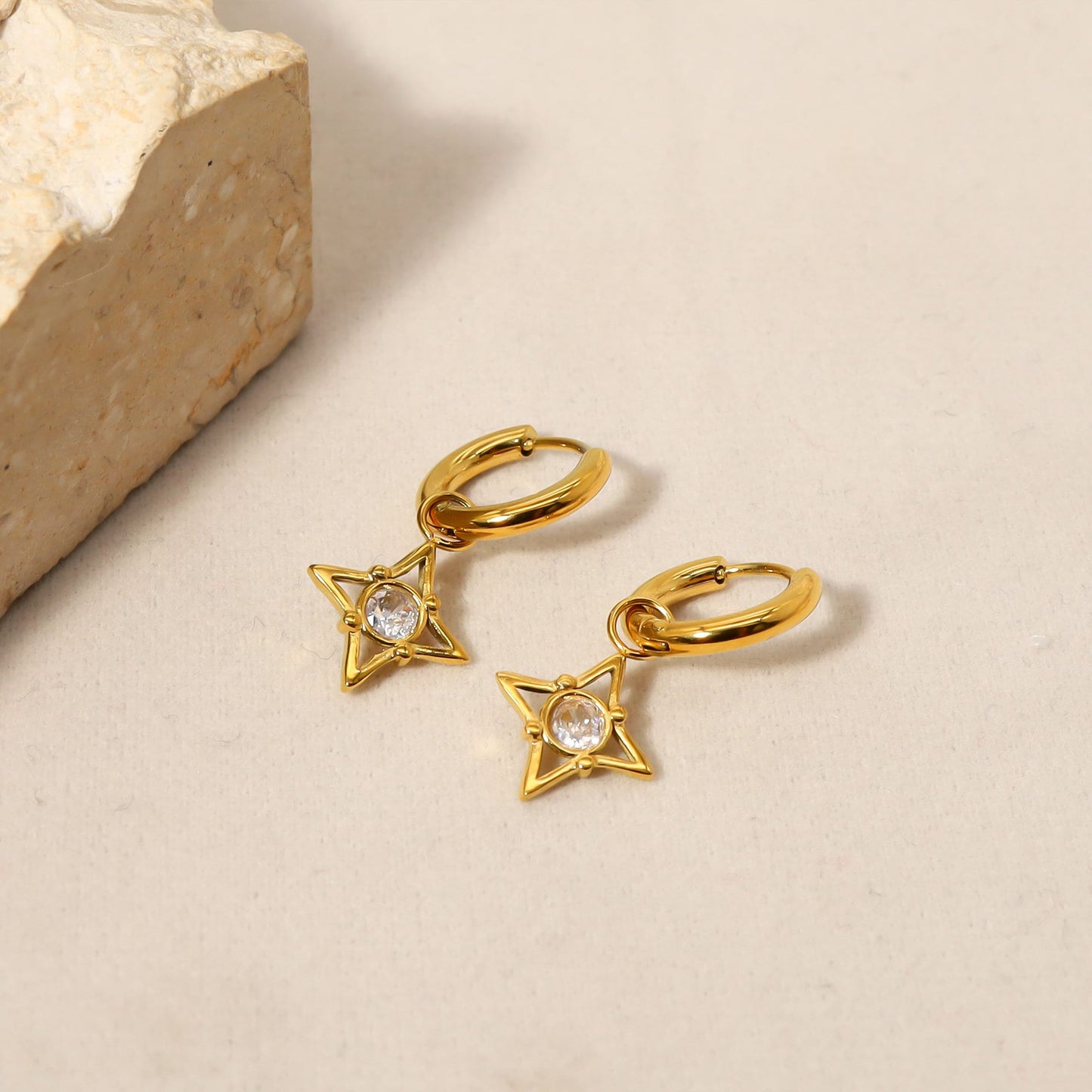 Titanium White Zircon Star 18K Gold Plated Huggies Hoop Earrings, Non Tarnish Earrings, Implant Grade Titanium, Vintage Style, Minimal
