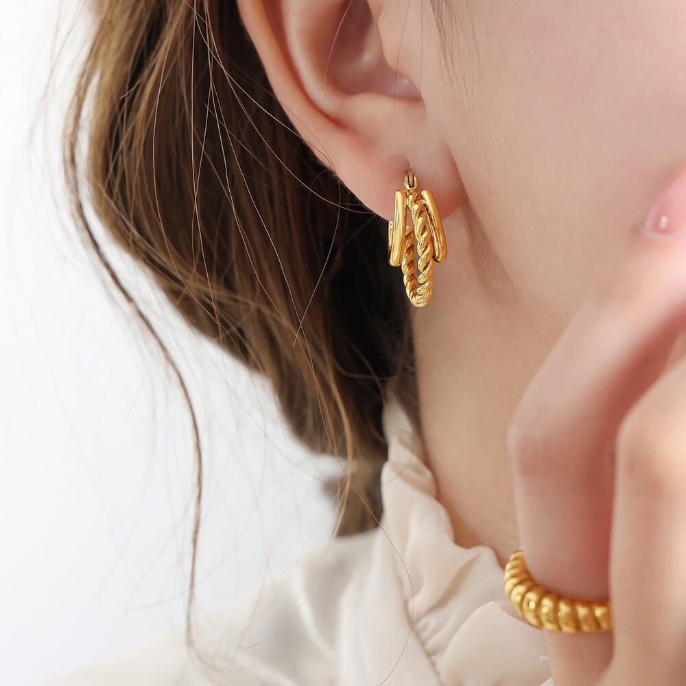 Titanium Triple Hoop 18K Gold Plated Earrings, Non Tarnish Earrings, Implant Grade Titanium Waterproof Earrings, Vintage Style, Minimal